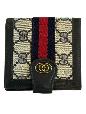 Gucci GG Supreme Web Stripe Wallet Red Navy Canvas Leather Compact Bifold